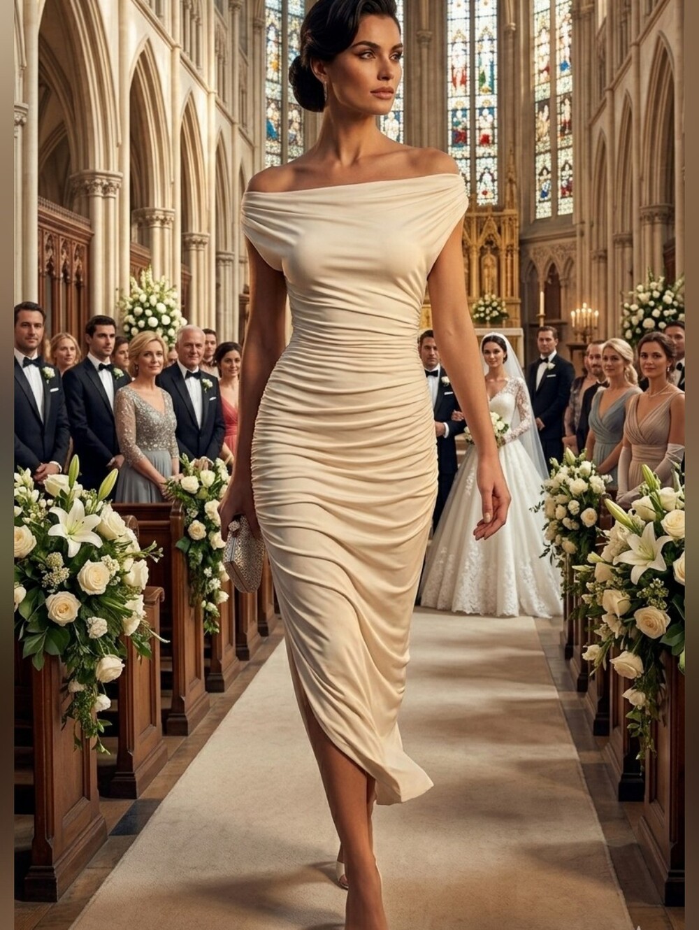 Off-Shoulder Cream Ruched Midi Dress